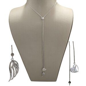KA 1772 Sterling Silver Love More Heart Wing Crystal Lariat Necklace
